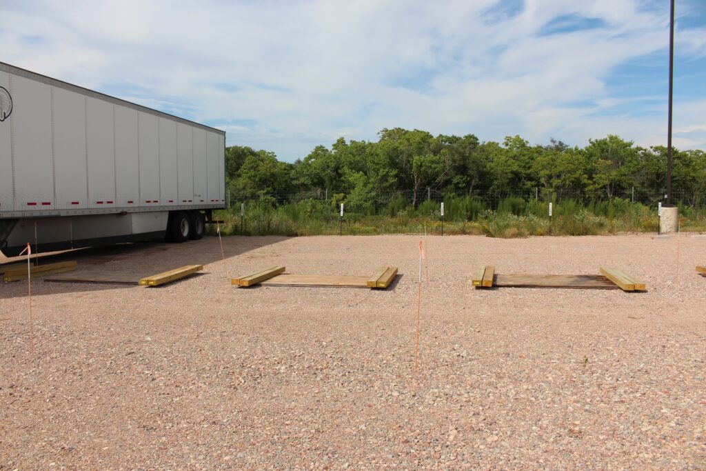 Wide truck parking spaces designed for large commercial vehicles.