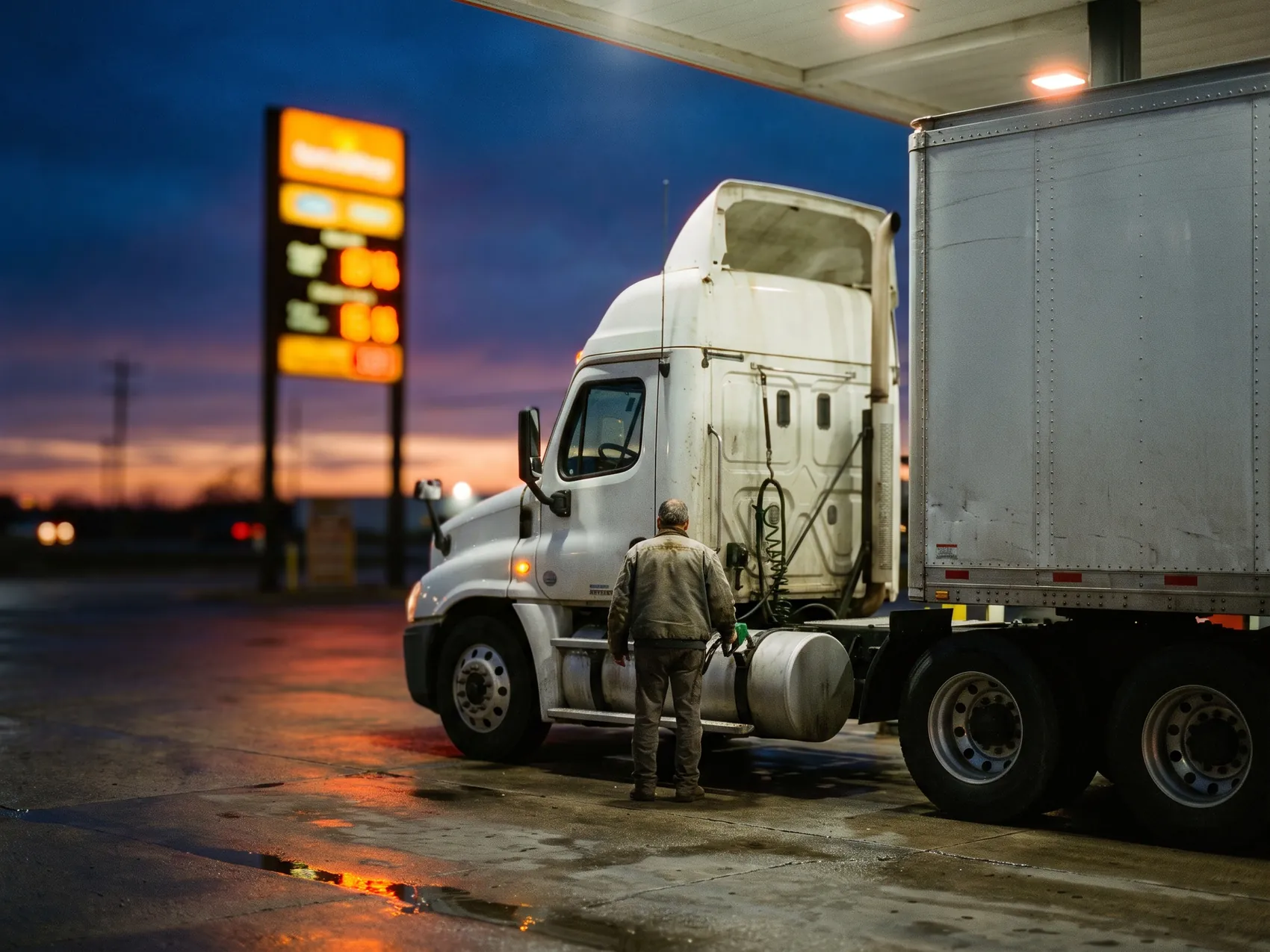 A driver fueling a white tractor-trailer at a diesel island at dusk, the price sign glowing behind the truck