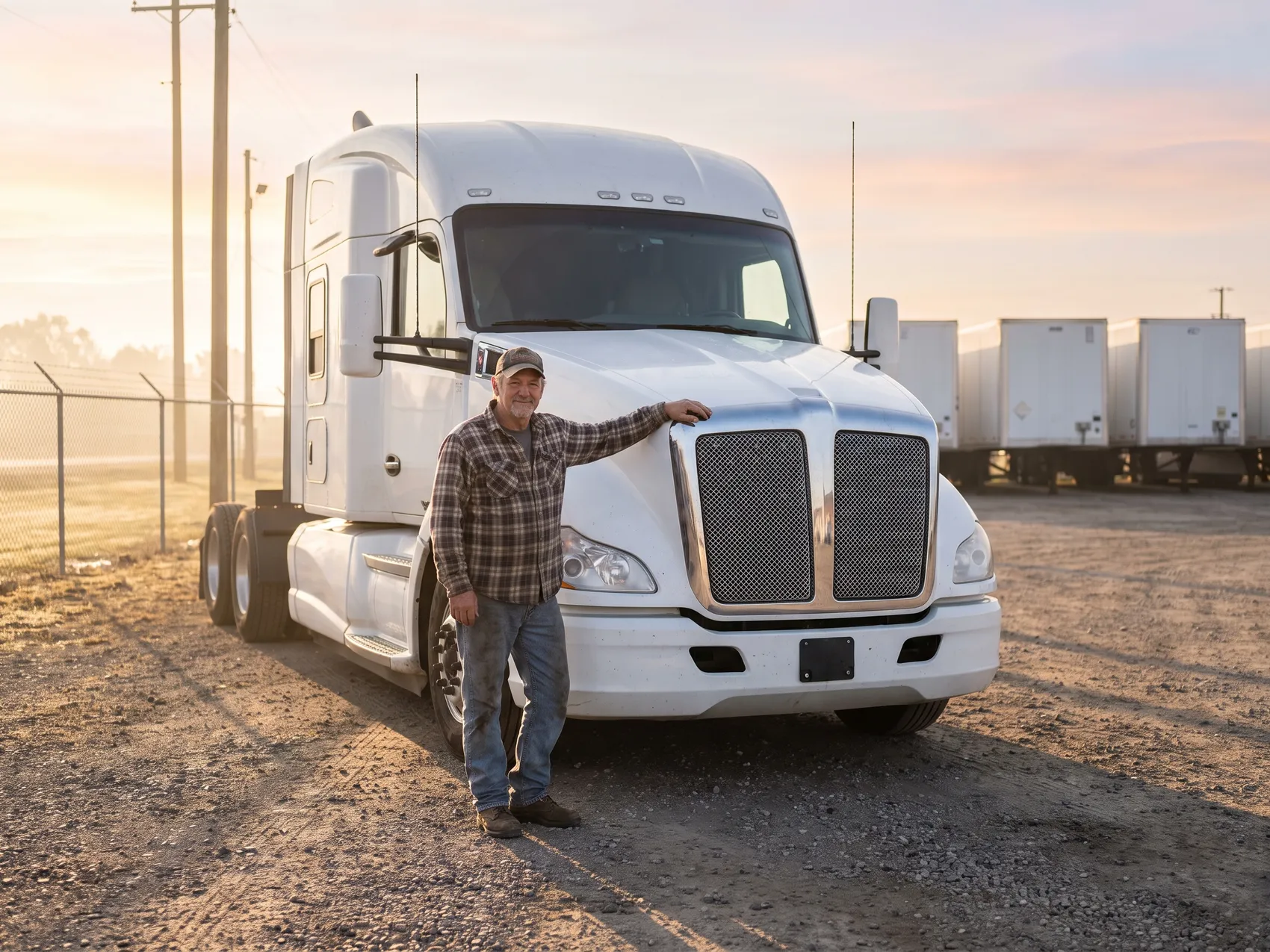 A veteran truck driver standing beside the grille of a white tractor on a gravel yard at dawn, one hand on the hood