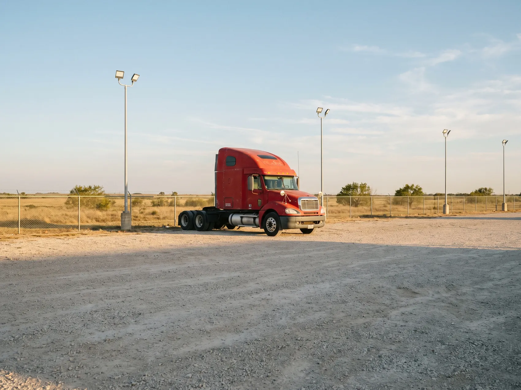 A red bobtail semi tractor parked on a gravel lot in late-afternoon sun
