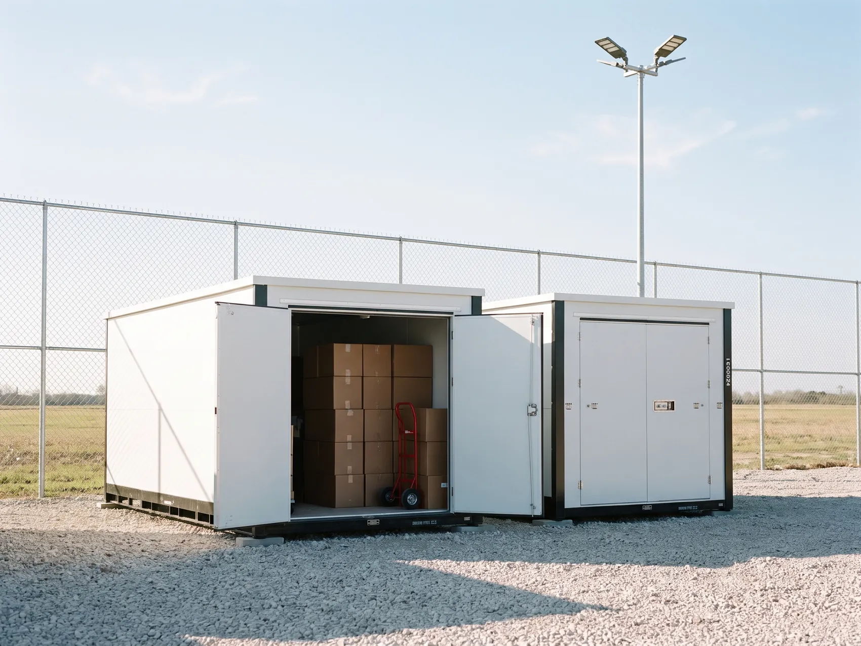 An open white steel storage unit with stacked boxes and a hand truck inside