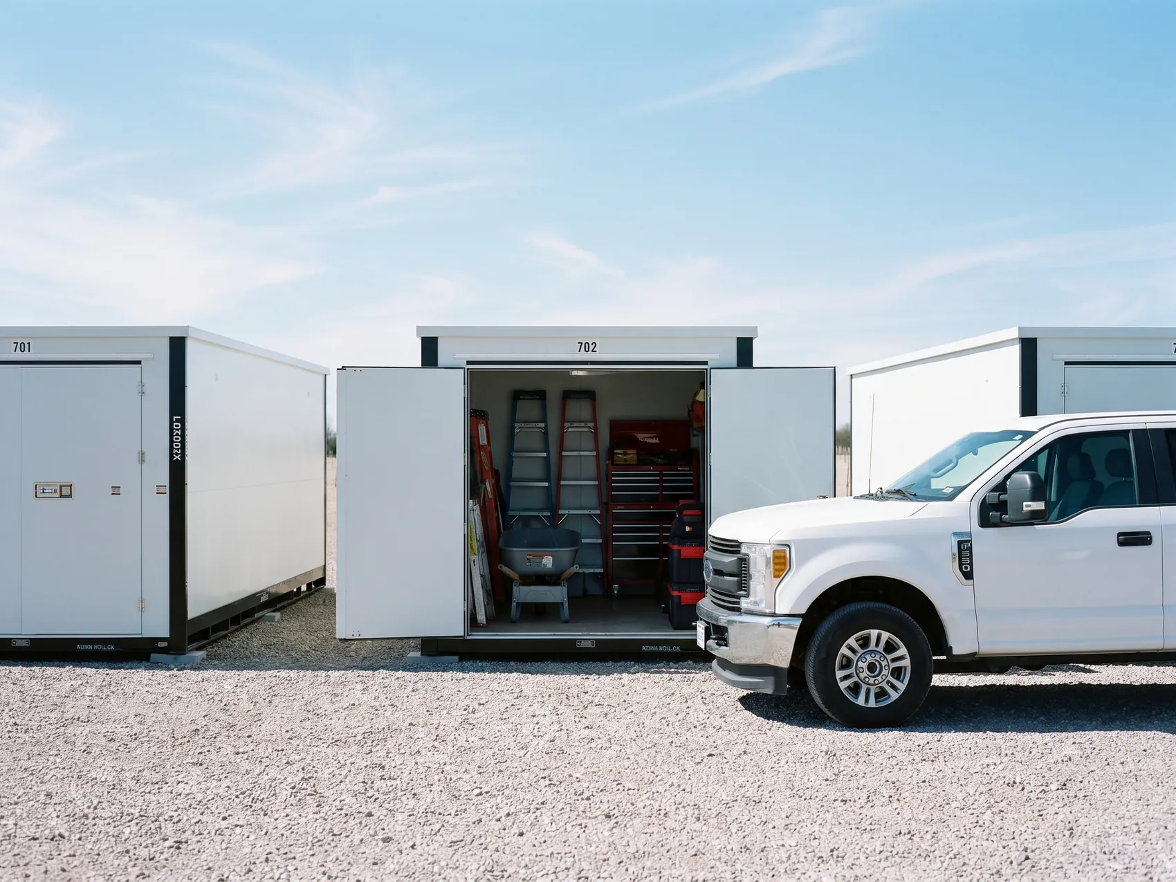 An open white steel storage unit holding ladders and tool chests, a work pickup parked in front