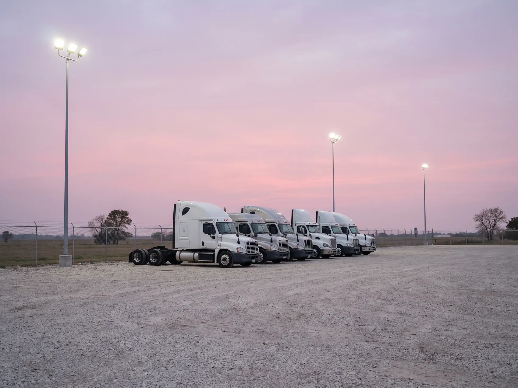 A row of semi tractors parked side by side on a gravel lot at dawn