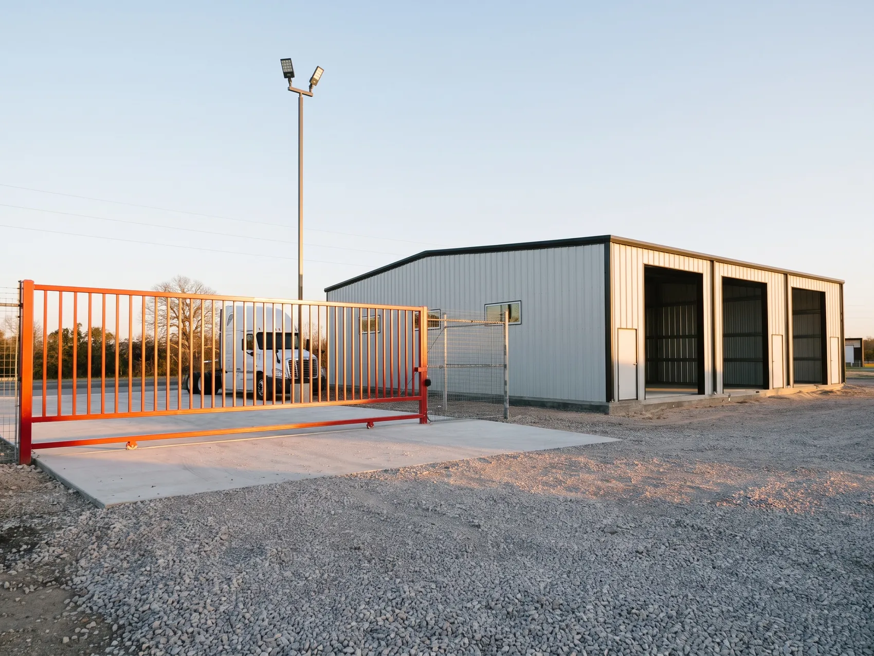A red sliding gate at the entrance of a gravel truck yard in early morning light