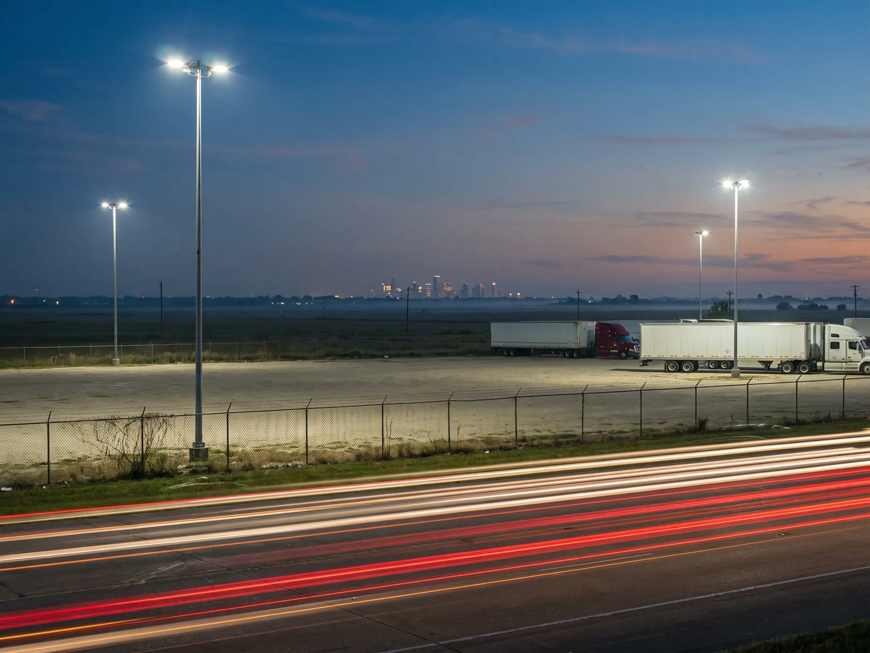A distant city skyline across flat land at blue hour, truck light trails in the foreground