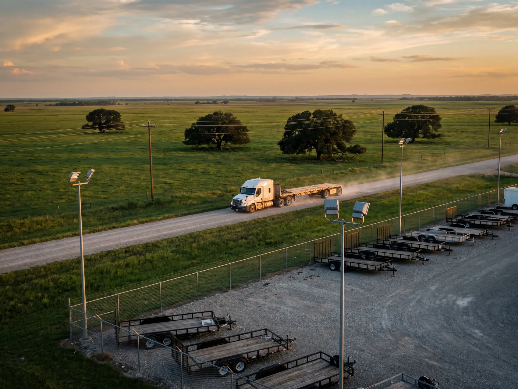A semi tractor-trailer on a farm road through flat Texas prairie at golden hour
