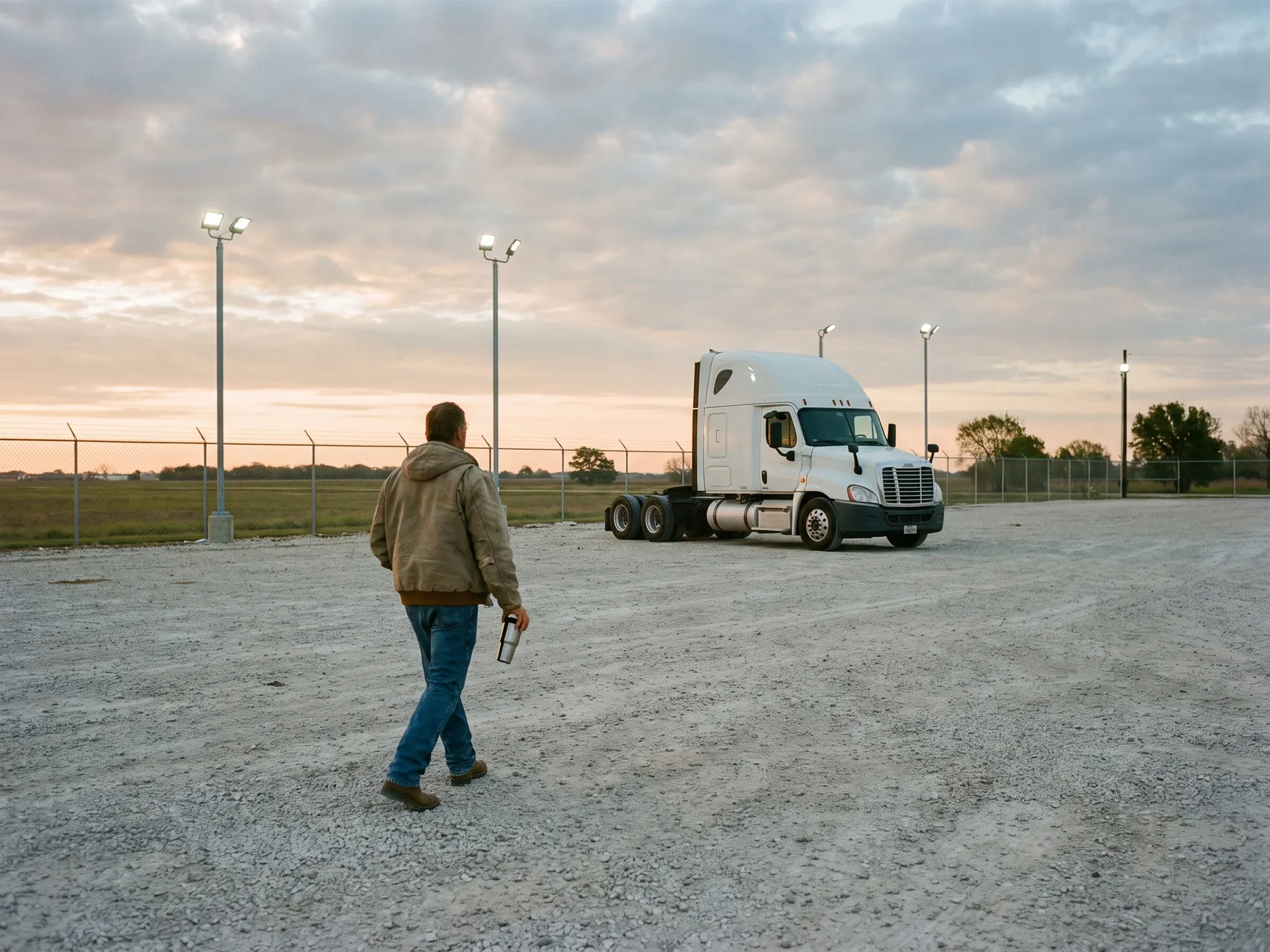 A driver walking across a gravel lot toward a parked semi tractor at dawn