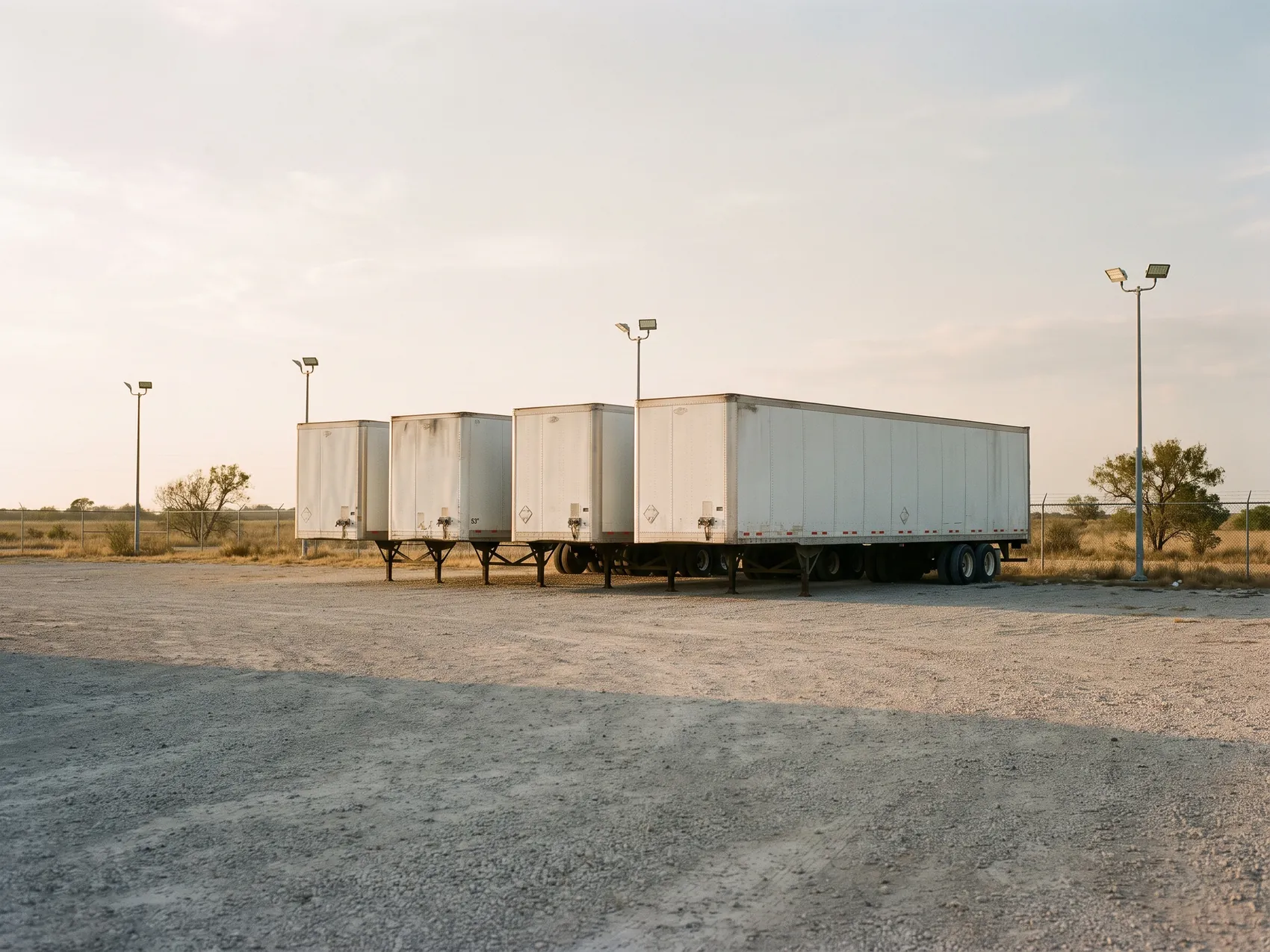 Dry van trailers dropped on their landing gear on a gravel lot