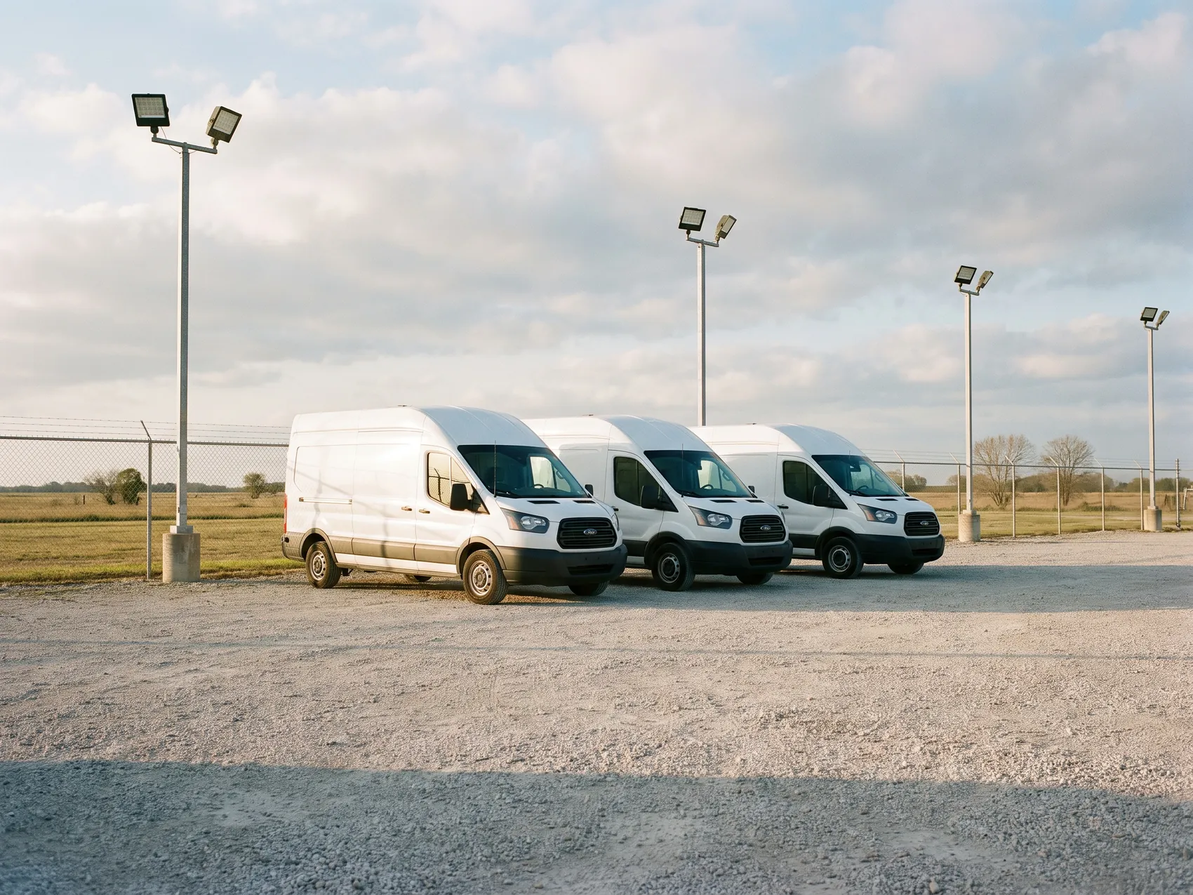 Three high-roof cargo vans parked in a row on gravel