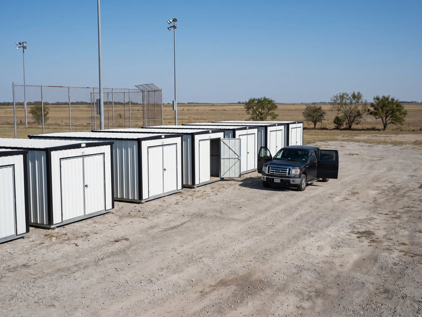A row of white steel drive-up storage units on gravel with a pickup parked beside them
