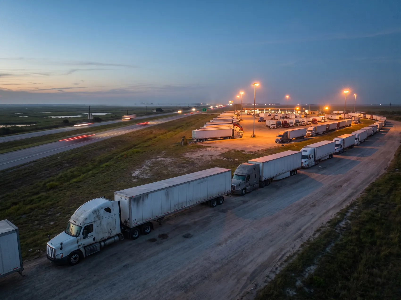 Semi trucks lined up along a roadside at dusk outside a full truck parking lot beside an interstate